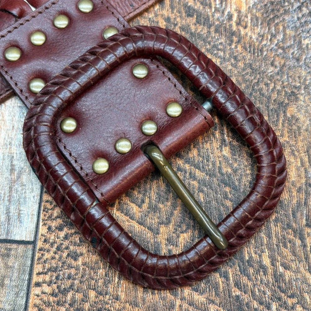 Fossil Womens Braided Brown Leather Belt Small Studs Wide Buckle